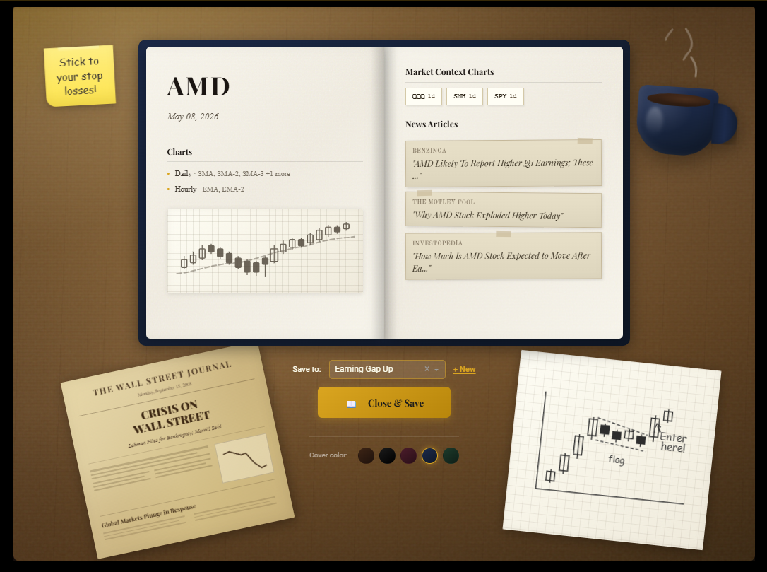 Cool Trading Tools journal — vintage desk with open trading journal, sticky notes, and chart sketches