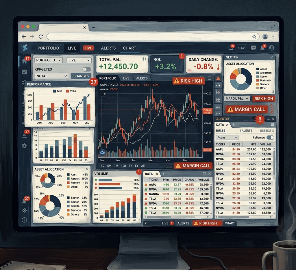 A complex trading dashboard cluttered with widgets and red alerts