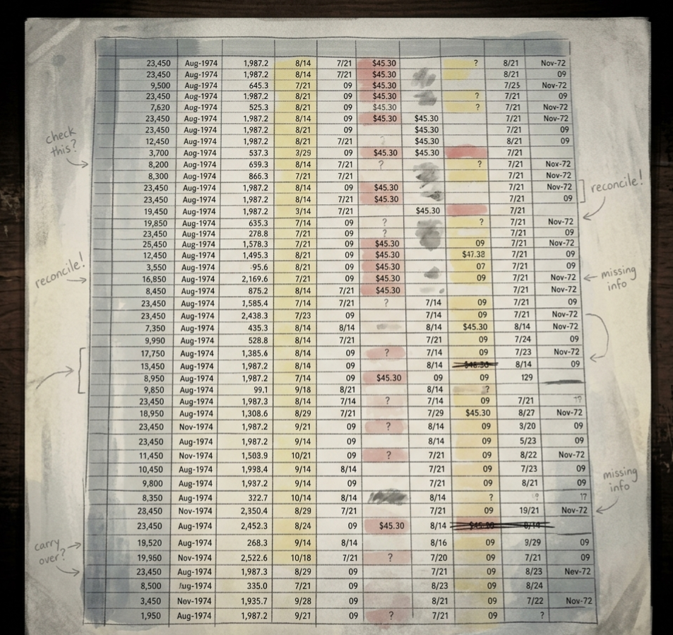 An overwhelming spreadsheet with messy notes and crossed-out entries